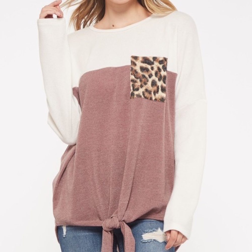 NWT Colorblock Tie-Front Top w/ Leopard Pocket